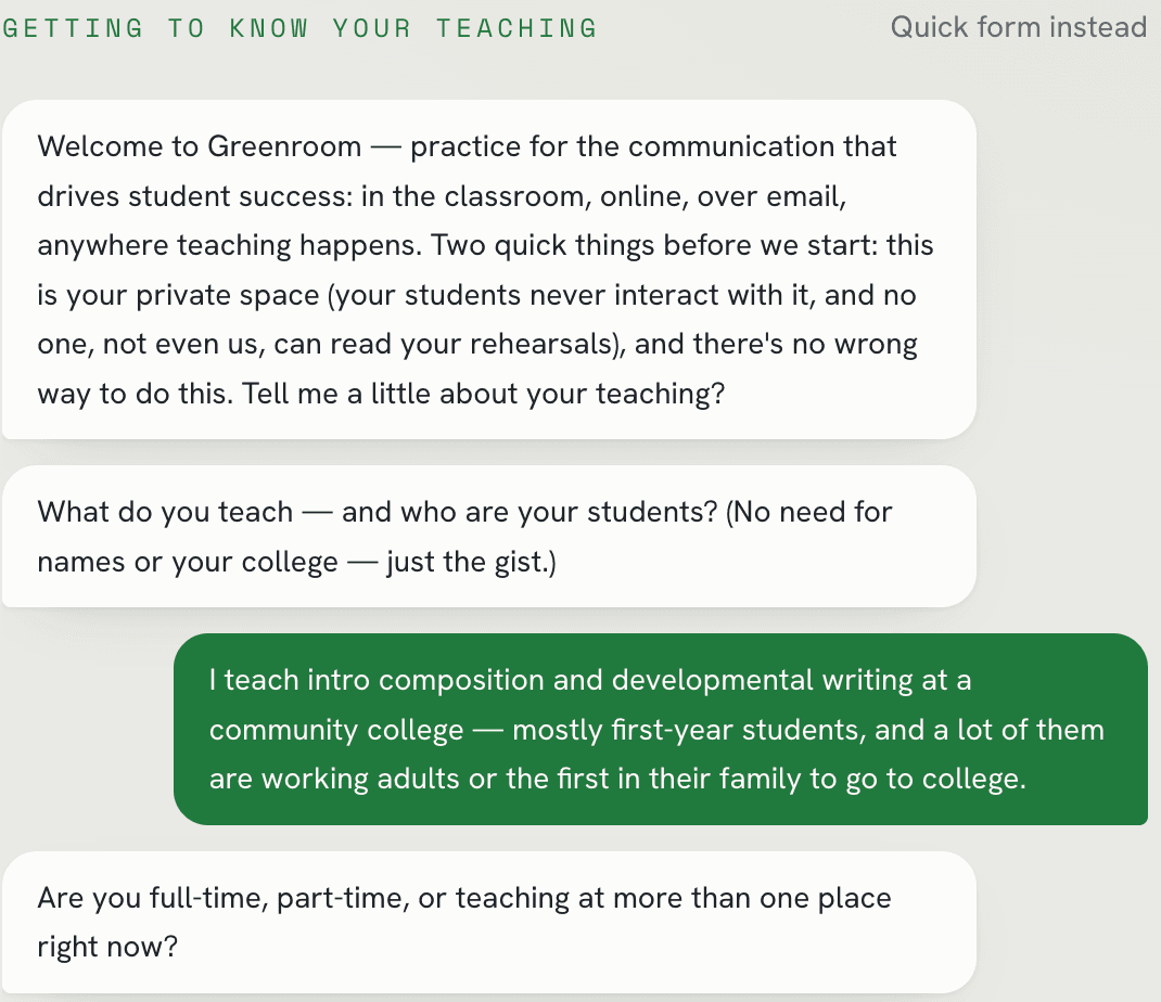 Greenroom's intake: a short, warm conversation with the coach about what you teach and what you'd like to practice.