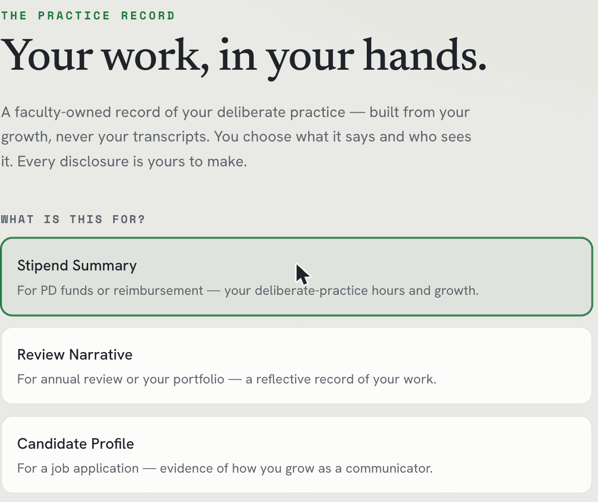 The Greenroom Practice Record: export your growth as a Stipend Summary, Review Narrative, or Candidate Profile — documented preparation you own and choose to share.